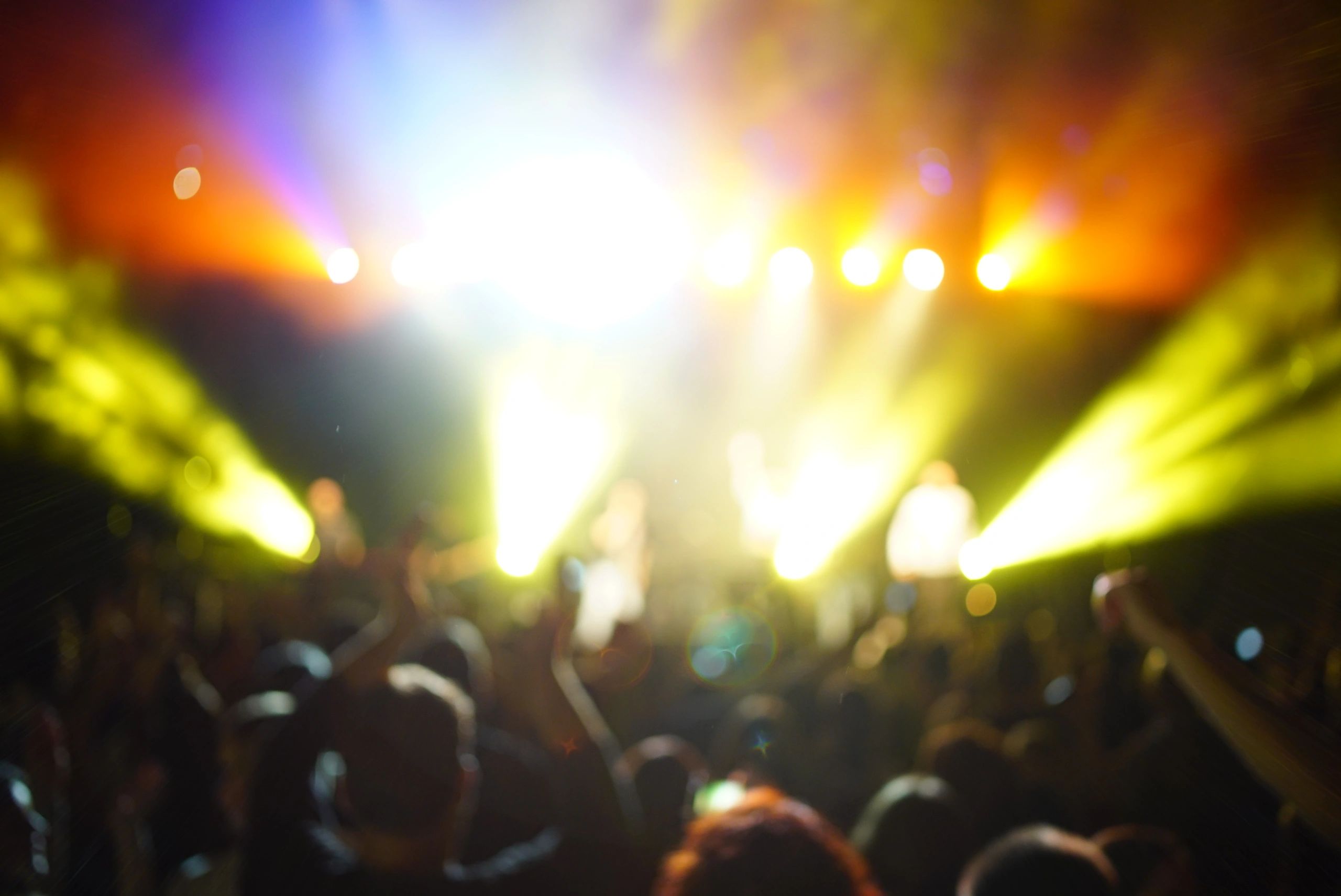 Silhouetted concert crowd under bright stage lights